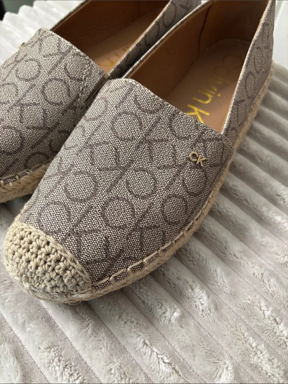 EUC Calvin Klein Taupe CK Monogram Espadrille Flats